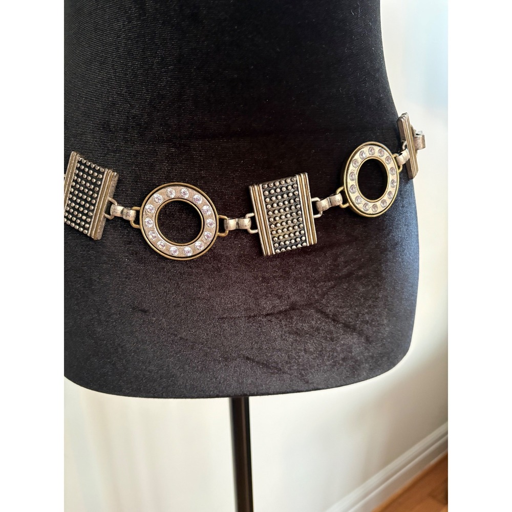 Chicos Womens Mixed Metal Crystal Embellished Leather Statement Belt Black ML - Picture 2 of 10